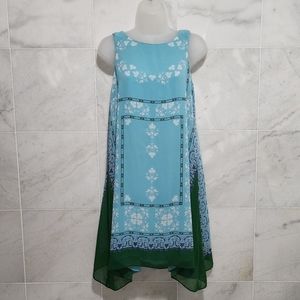 Max Studio Scarf Print Boatneck Shift Dress Sleeveless Blue Green Floral xs